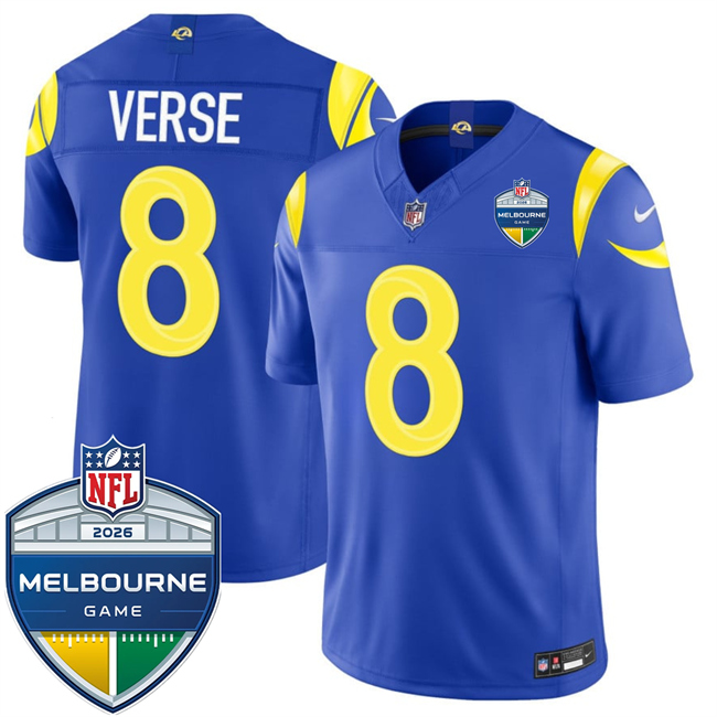 Men's Royal Los Angeles Rams #8 Jared Verse 2026 F.U.S.E. Melbourne Game Patch Vapor Limited Stitched Football Jersey